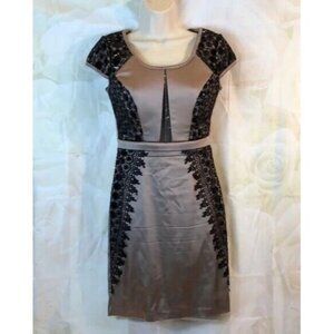 Ashen Dress Taupe Tan Body Con Black Lace Panels & Sequins Cap Sleeve Small